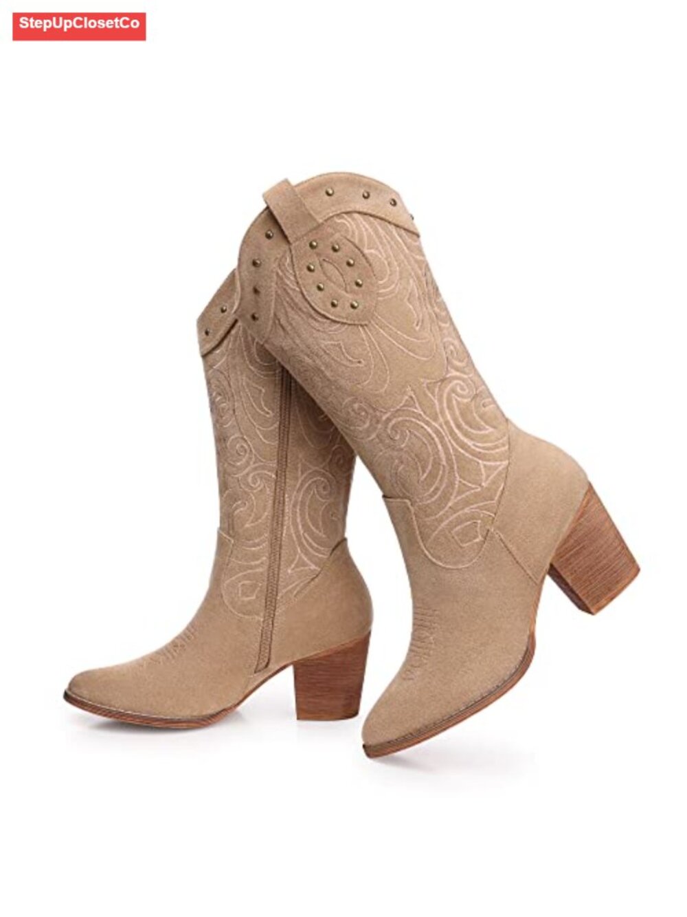 Women Cowgirl Cowboy Boots Mid Calf Chunky Low Heel Faux Suede Embroidered